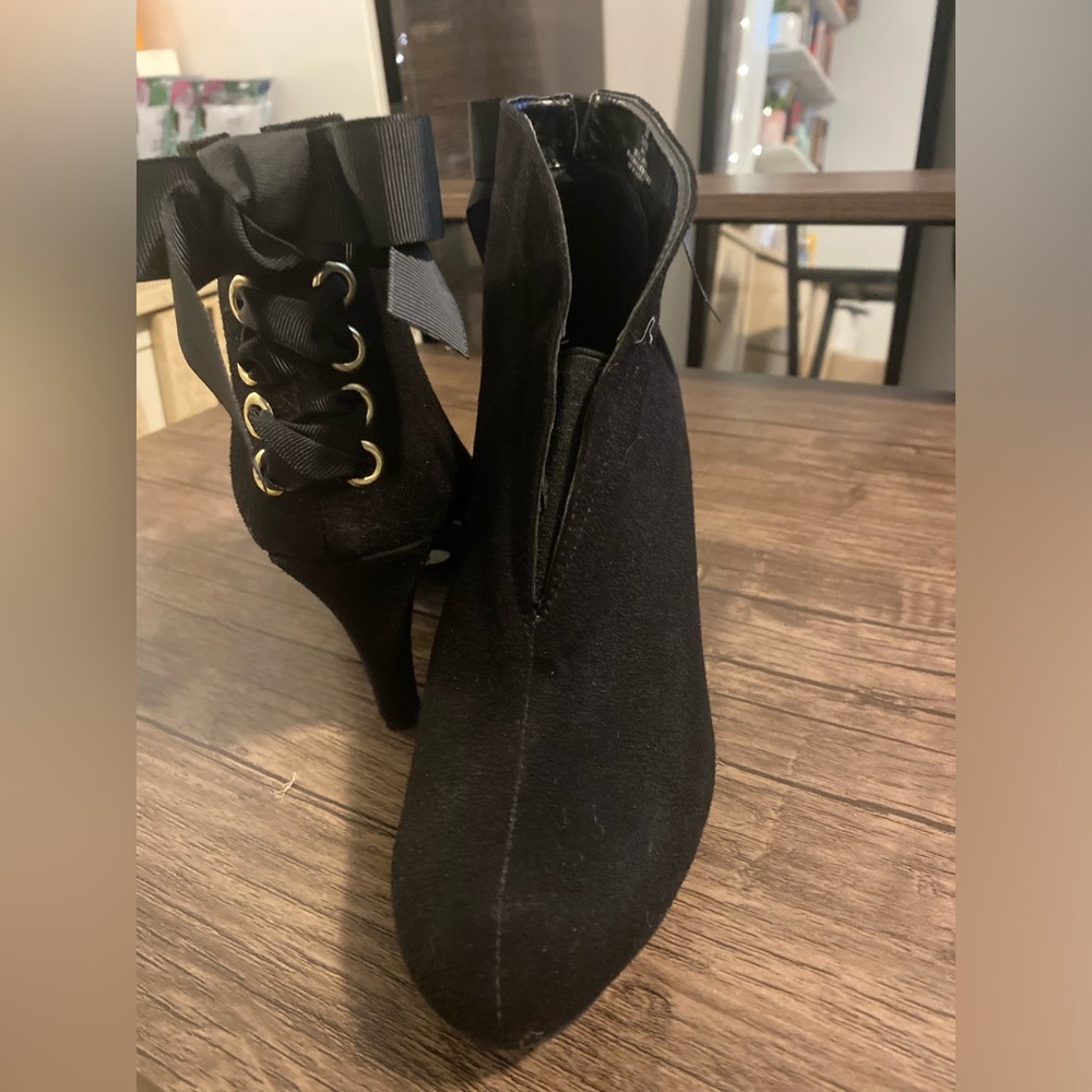 IMPO black suede ankle bootie heels